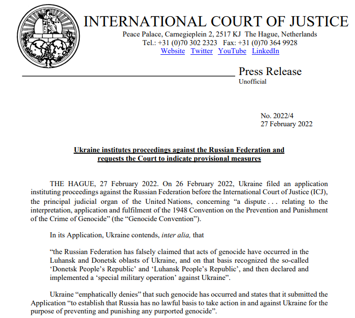 PRESS RELEASE: #Ukraine institutes proceedings against the #RussianFederation before the #ICJ and requests the Court to indicate provisional measures bit.ly/35yb8Q0