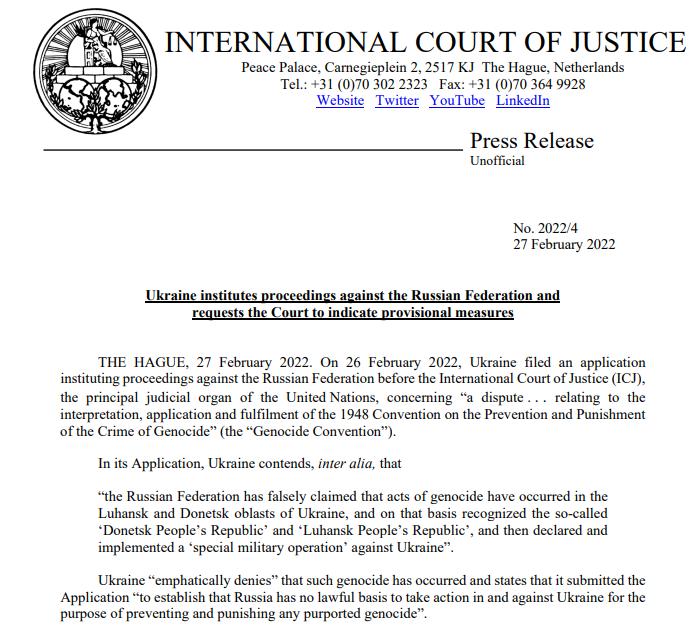 CIJ_ICJ's tweet photo. PRESS RELEASE: #Ukraine institutes proceedings against the #RussianFederation before the #ICJ and requests the Court to indicate provisional measures  https://t.co/qfncZ7zEne https://t.co/gCtcosAbiB