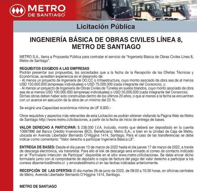 MTTChile's tweet photo. ¡Buenas noticias! 🤩 Se publicó el llamado a #LicitaciónPública para la ingeniería básica de la #Línea8 de @metrodesantiago 🚇❤️(Los Leones, Macul, La Florida, Camilo Henríquez).

Serán 14 estaciones en 19 km, beneficiando a más de 1,6 millones de personas 🥳

#MejorTransporte 😍 https://t.co/fXmsLmWilY