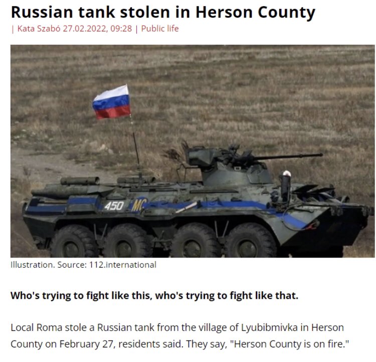 Poland President Andrzej Duda has praised the local Russian tank was stolen by local gypsies in the Ljubimivka village in Hersonissos County in Ukraine.