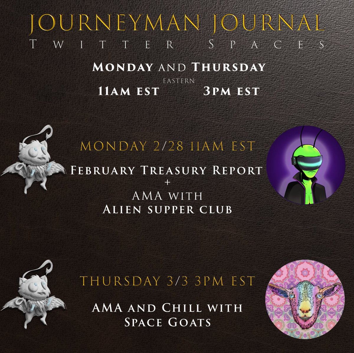 Griffin_DAO's tweet photo. 🦅🦁Griffin Investments DAO has an exciting week of spaces ahead! 

Monday 2/28: 
February Treasury Report + AMA with @aliensupperclub 🛸👽
 -Treasury Report dropping Monday

Thursday 3/3: 
AMA and Chill with @S_G_O_A_T 🌌🐐

https://t.co/bAGBkIPypr
#SpacesHost #Solana #nftart https://t.co/hiOyewyp4t