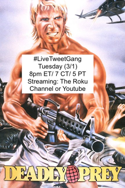 NotFunnyJ's tweet photo. Much to everyone's dismay, I am back for this week's live tweet! 

Join us this Tuesday (3/1) using the hashtag #LiveTweetTuesday to join us for what looks to be a double discount rendition of Commando, Deadly Prey. https://t.co/1q1khlpRQL