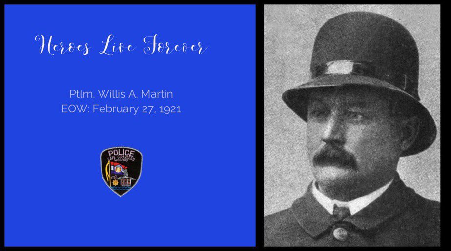 CapePolice's tweet photo. We pause to remember #CGPD Officer Willis Martin, #LODD 101 years ago today. Thank you for your service, Patrolman Martin. You gave the ultimate sacrifice, giving service before self and honor above all.
#CapeGirardeau #WeWillNeverForget https://t.co/6Bbskmon99