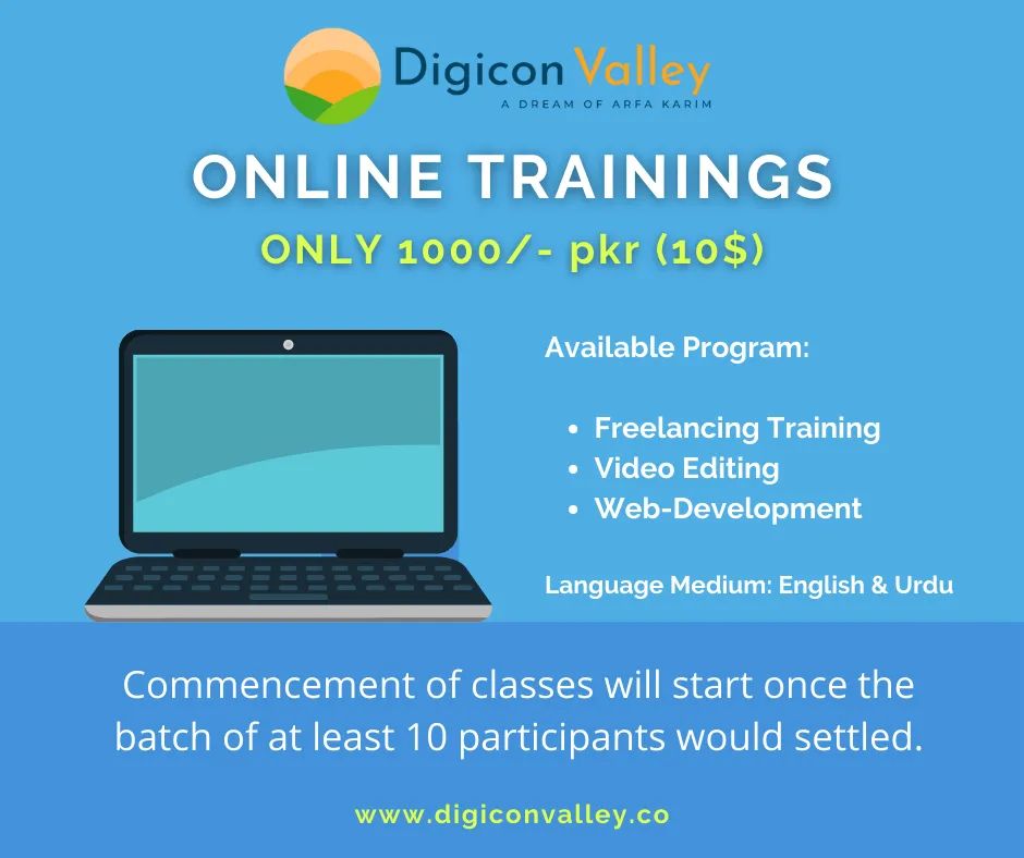 digicon_valley's tweet photo. Hi,We have a good news for you, At Digicon-Valley, we've shifted all upcoming training to online and you can join from anywhere at just 1000/-PKR (10$ USD for foreigners).
The following training are available:
1 Freelancing Training
2 Video Editing
3 Web-Development Training

1/2 https://t.co/gLfcFHFCrW