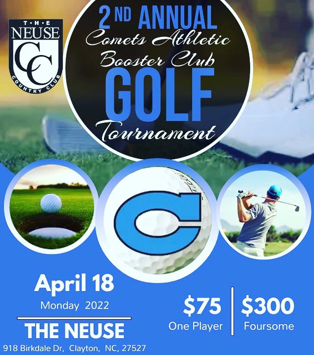 ClaytonBoosters's tweet photo. 🚨 𝙎𝘼𝙑𝙀 𝙏𝙃𝙀 𝘿𝘼𝙏𝙀! 🚨
The 2nd Annual @Clayton_Comets Athletic Booster Club Golf Tournament will be Monday, April 18 @TheNeuse Country Club

Registrations will open later this week. (Keep your 👀 out for the link!)

@ClaytonCometsAD https://t.co/f8HXE61gWi