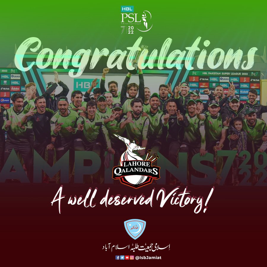 isbjamiat's tweet photo. Congratulations to @lahoreqalandars on winning the #PSL Title for the first time ever.
A well deserved victory!
#PSL2020 #LahoreQalandars #LQvsMS #PSLfinal #PSL7 #Jamiat #IsbJamiat #PSLFinal https://t.co/MjzPwX3Hmd
