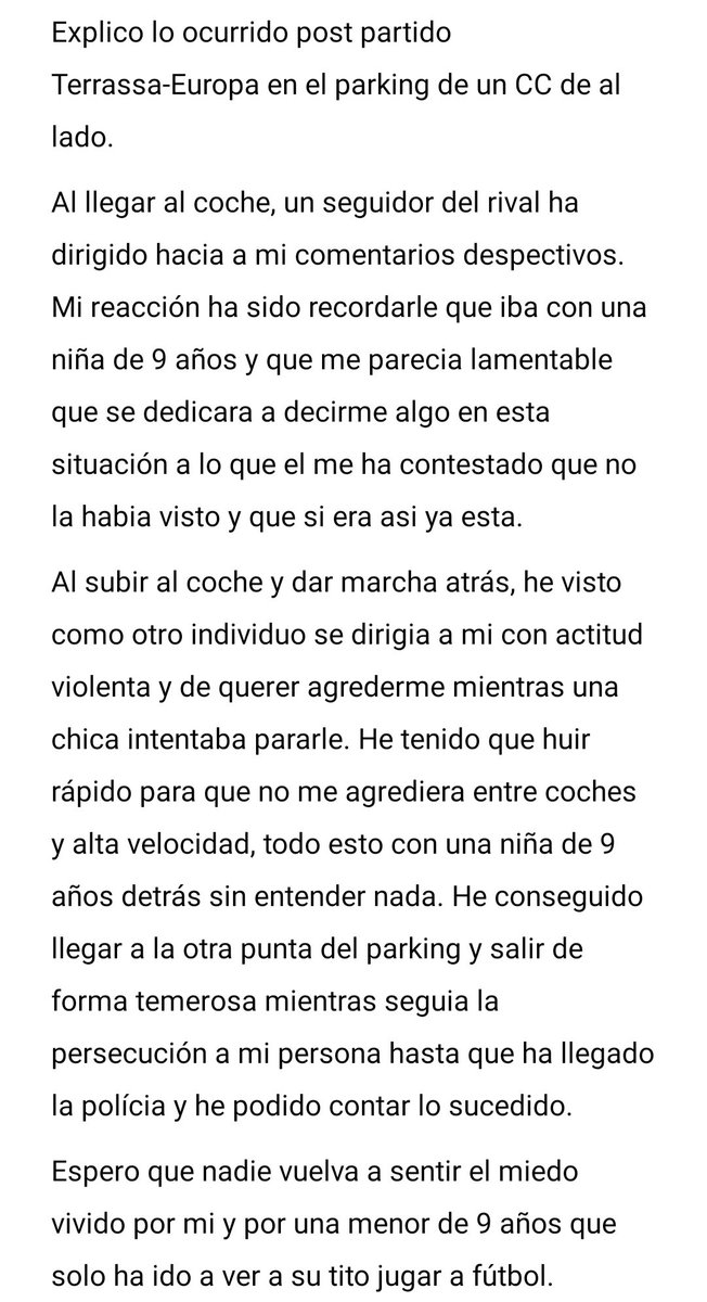 serg1ofo's tweet photo. Hoy he vivido la situación mas lamentable en los 20 años que llevo pisando campos de fútbol.
Ante todo desmarcar a @TerrassaFC y a la mayoría de su afición de estos actos violentos que no representan a nadie. https://t.co/GlRMIQtzzT