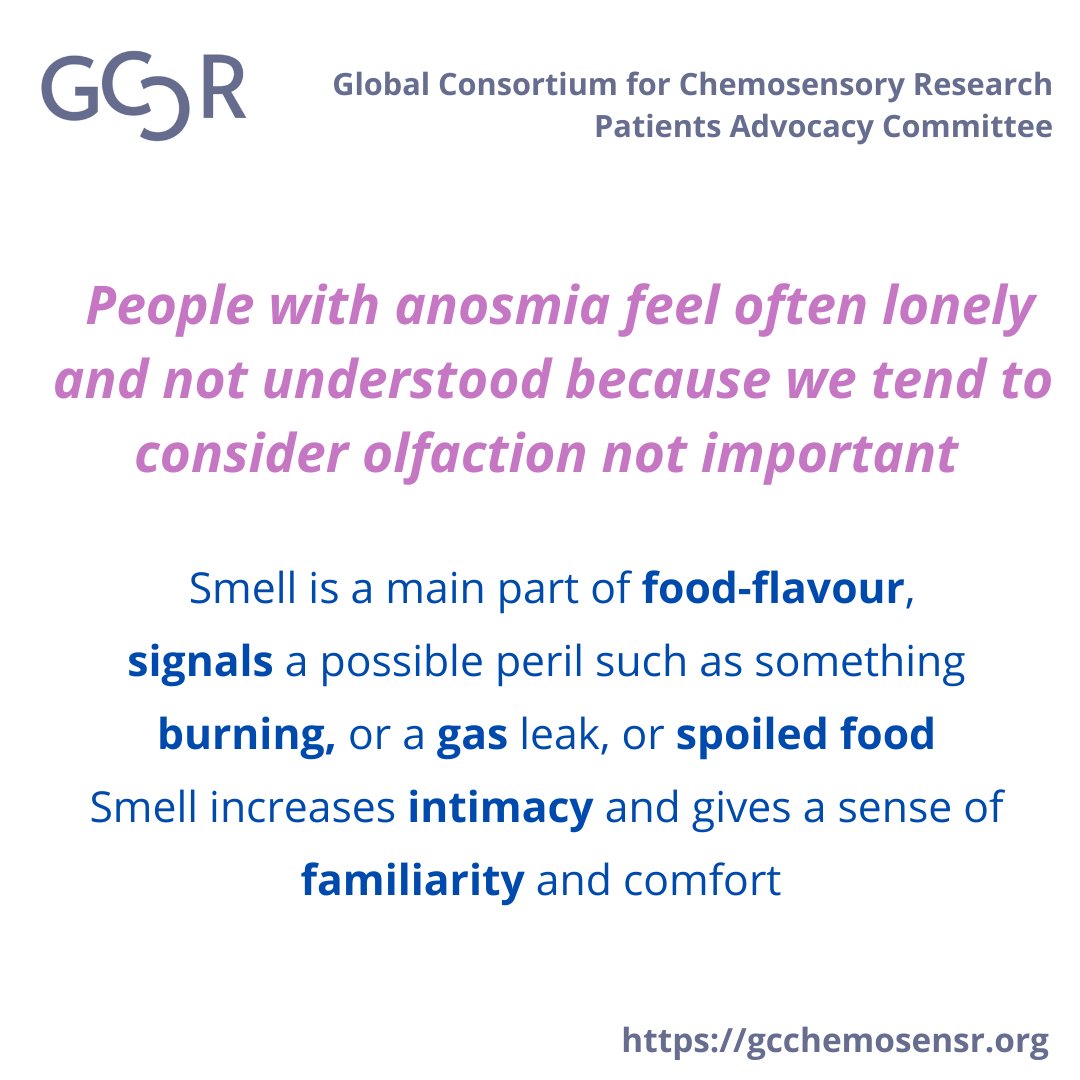 Today is #AnosmiaAwarenessDay. Many people have a decreased sense of smell or no sense of smell at all, due to a wide range of causes. Try to imagine how your life would be like without any smells, and please take a moment to appreciate your sense of #smell! <a href="/GCChemosensoryR/">@GCChemosensoryR</a>