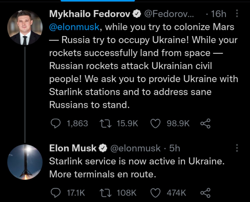 If you can trust one person on #twitter and who is a #BILLIONAIRE is <a href="/elonmusk/">Elon Musk</a>. Kudos to him for getting back to the the Vice Prime Minister of Ukraine <a href="/FedorovMykhailo/">Mykhailo Fedorov</a> with the request! #StopWar #saynotowar