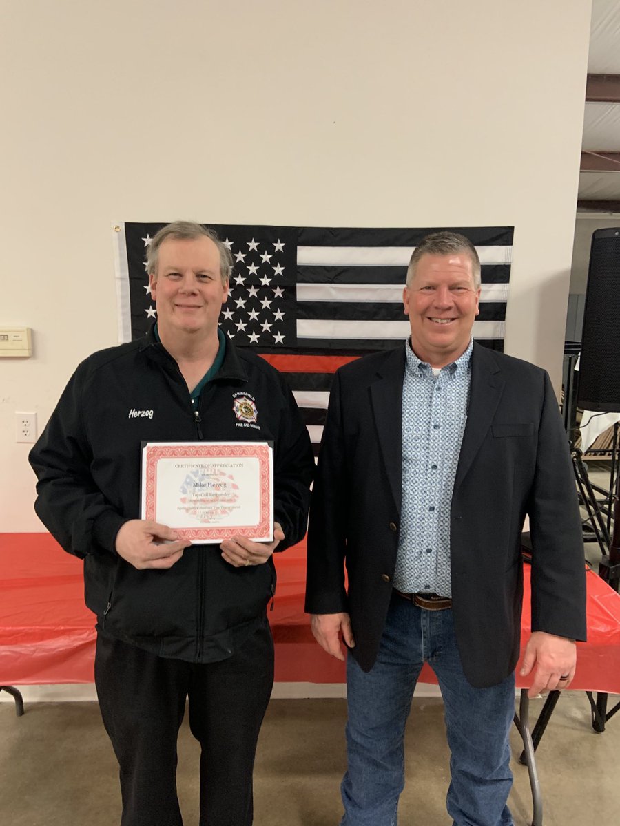 2021 Top Call Responder award given to Mike Herzog who responded to 74% of the calls this year. Thank you for your dedication and service.