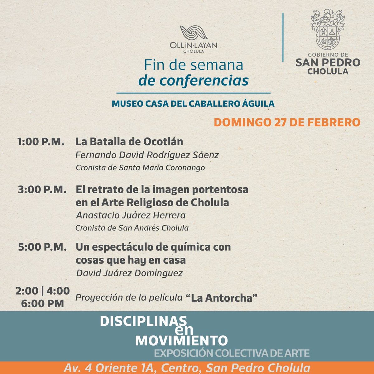 📌 #Información | Este domingo 27 de febrero conoce las actividades culturales que hay como parte del Programa Cultural y Artístico en la “Museo Casa del Caballero Águila”. 🎊🤲🏽