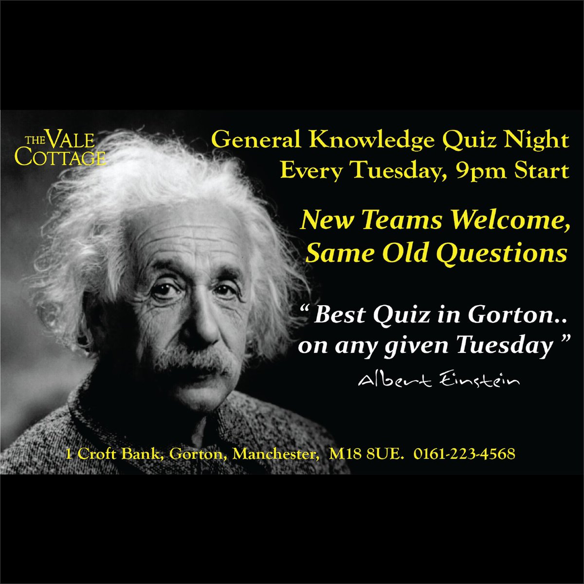Every Tuesday Night its The Vale Cottage General Knowledge Quiz,  looking to welcome quiz teams old &amp; new. 
The Quiz starts at 9pm, see you at the bar..