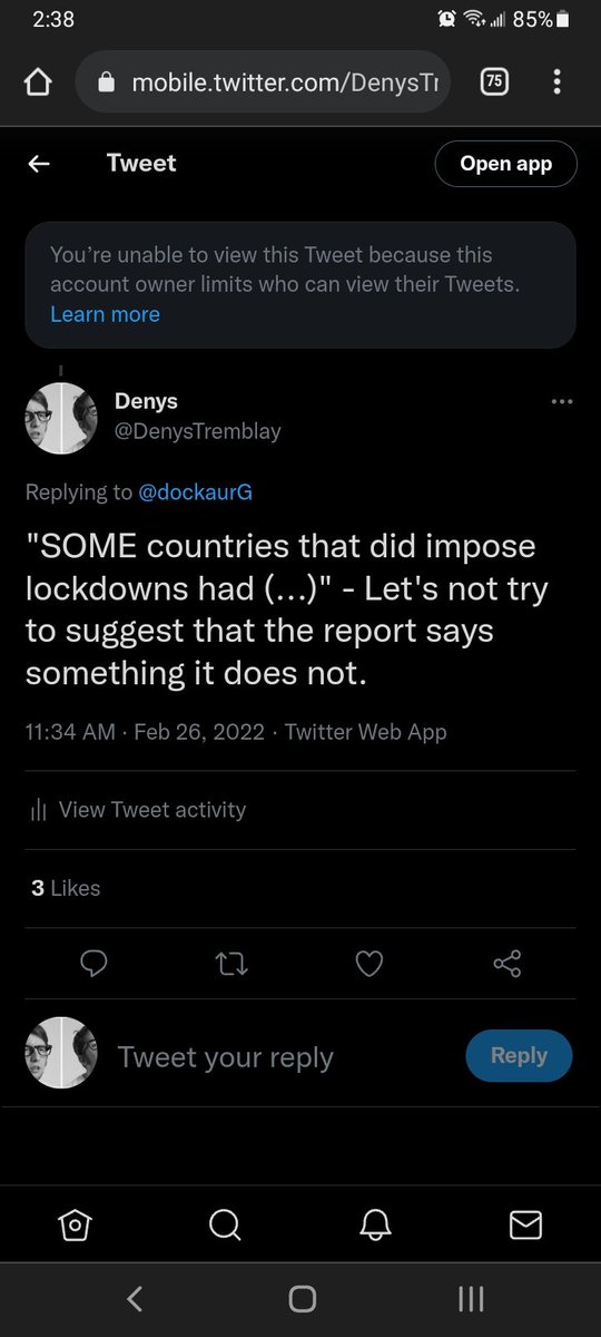 DenysTremblay's tweet photo. A new experience for me: I very gently challenged "Medical Doctor" @dockaurG on a Tweet. First interaction ever w/this person. Instead of offering clarification, I was promptly blocked. There were lots of pandemic denyers in the comments 1/2 https://t.co/rCnbHh9lBD