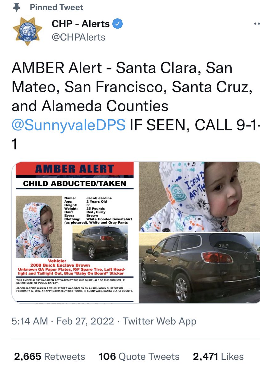 PaulaPhoto007's tweet photo. I am sure you have been receiving them since 5:50 AM but I’m posting it anyway; this little boy needs to be found now! He’s just a babe!  #AmberAlert #CHPALERTS #ChildAbduction #StolenVehicle #BuickEnclave #BrownSUV #GAPaperPlates #FindJoshua https://t.co/SeyJz5BLry