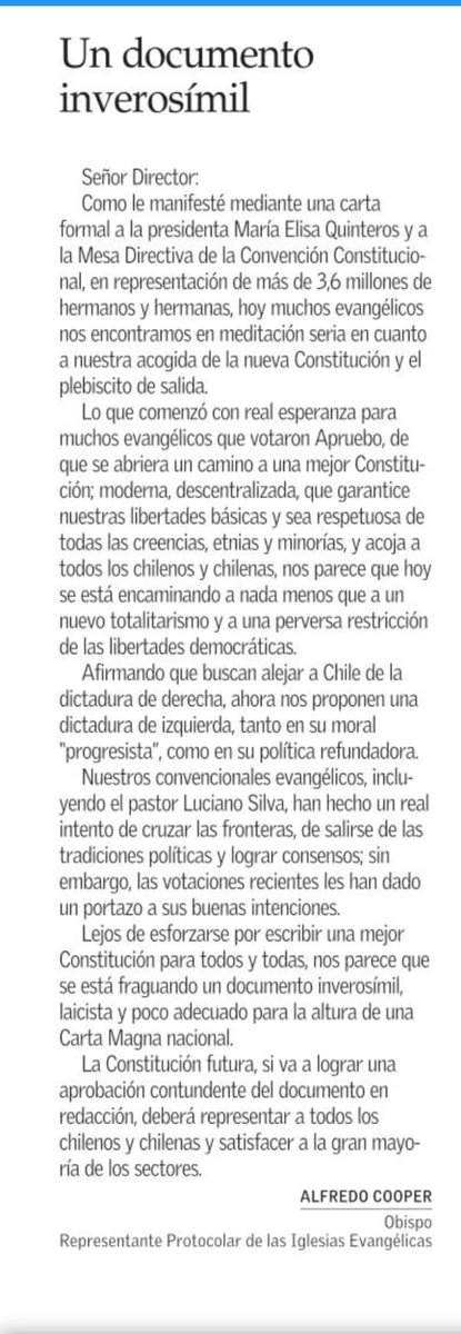 OBISPO ALFRED COOPER, REPRESENTANTE DE LAS IGLESIAS EVANGELICAS OPINA SOBRE LA CONVENCIÓN CONSTITUCIONAL <a href="/dinoazulado_d6/">Dino Azulado Oficial</a> @pcc_cristiano <a href="/exantecl/">Ex-Ante</a> <a href="/InterferenciaCL/">Interferencia</a> <a href="/biobio/">BioBioChile</a> <a href="/CNNChile/">CNN Chile</a> <a href="/chilevision/">Chilevisión</a> <a href="/elsurcl/">Diario El Sur</a> <a href="/DiarioConce/">Diario Concepción</a> <a href="/elmostrador/">El Mostrador</a> <a href="/EmolTV/">EMOL TV</a> <a href="/thecliniccl/">The Clinic</a> <a href="/latercera/">La Tercera</a> <a href="/TVN/">TVN</a> <a href="/24HorasTVN/">24 Horas</a> @