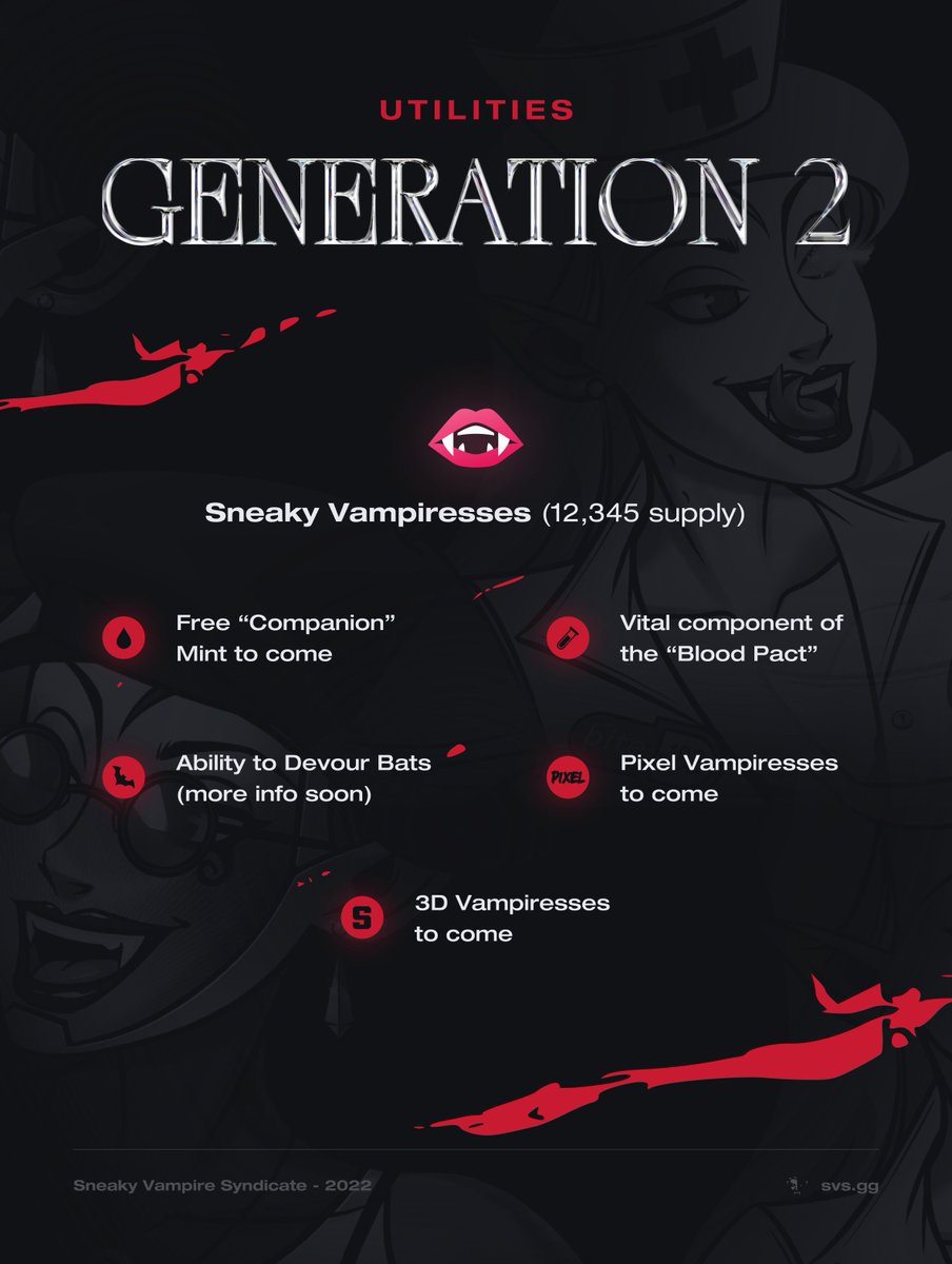 With the reveal of the Sneaky Vampiress Syndicate happening tomorrow, we thought it only fitting to revisit both the utilities of our Generation 1 Vampires vs the Generation 2 Vampiresses! 🩸

With differentiating utilities, along with The Perfect Pair - hold both closely! 🧛‍♂️🧛‍♀️