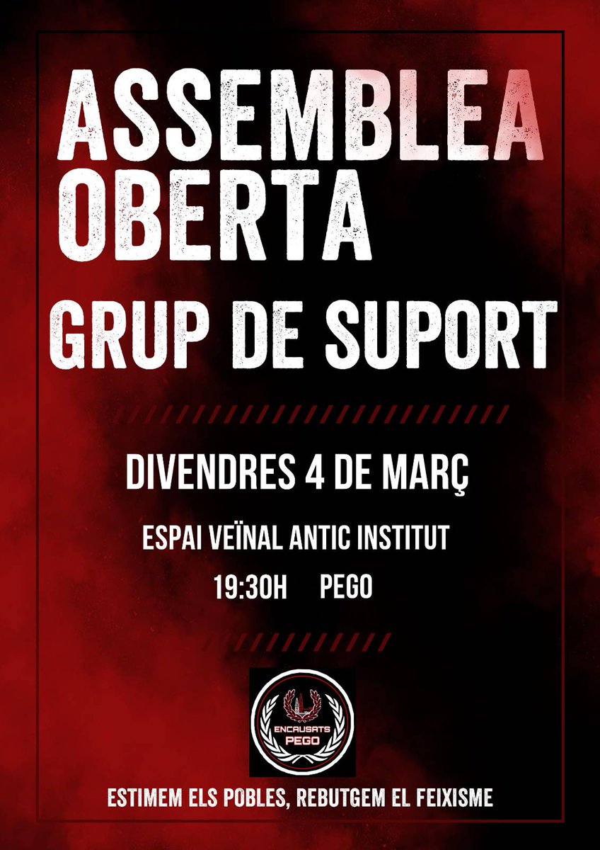💥DIVENDRES 4 MARÇ     19:30H💥
📣I ASSEMBLEA OBERTA.
  📃BREU EXPLICACIÓ DEL PROCÉS 📃
✔️Què volem fer des del grup de suport?
✔️En què ens pots ajudar?
✔️Tens alguna idea?
Apropa't a l'Espai Veïnal i participa!
No dubtes, juntes som més fortes!✊
#llibertatjovesdepego