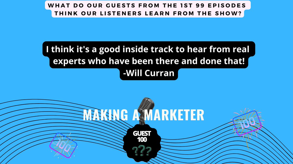 MakeAMarketer's tweet photo. As we approach 100 (releasing this wk), we wanted to share more words from past guests about what they enjoyed most about being on &amp; what listeners can expect. Thanks to @ItsWillCurran @svvitale &amp; Lisa Meller for sharing with us!

Any Ep. 100 guest guesses?
#MakingAMarketer https://t.co/I95a4dW7BM