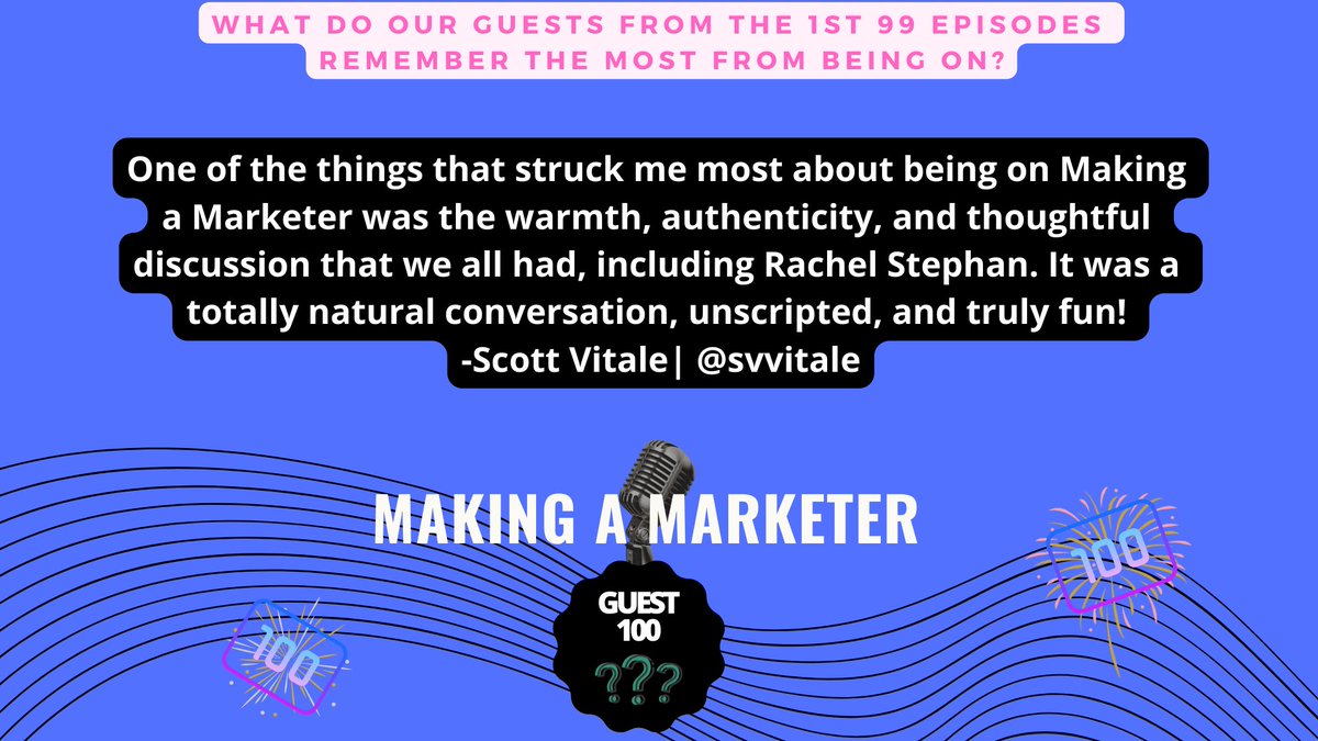 MakeAMarketer's tweet photo. As we approach 100 (releasing this wk), we wanted to share more words from past guests about what they enjoyed most about being on &amp; what listeners can expect. Thanks to @ItsWillCurran @svvitale &amp; Lisa Meller for sharing with us!

Any Ep. 100 guest guesses?
#MakingAMarketer https://t.co/I95a4dW7BM