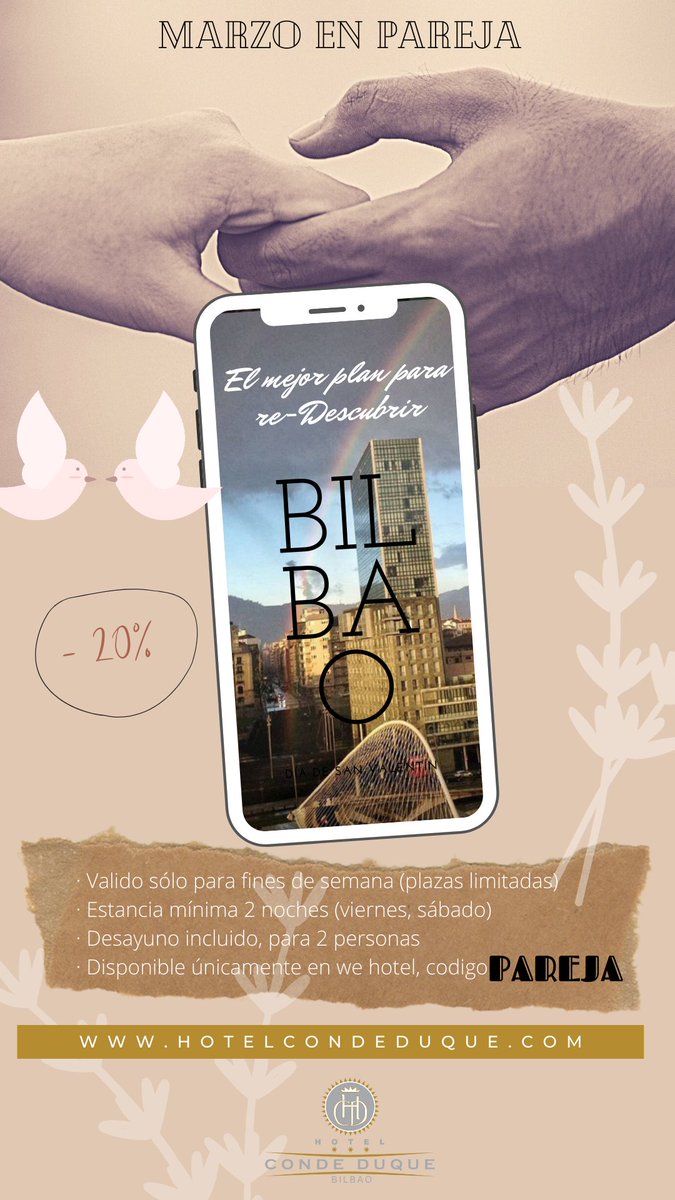 El mes de #marzo se lo vamos a dedicar a las #parejas para RE-DESCUBRIR la ciudad de #Bilbao. Hay menos gente, los días empiezan a ser las largos y además os damos un gran #descuento del 20%
👉 ¿Cómo conseguirlo?

 entra en:

hotelcondeduque.com/blog/bilbao-en…