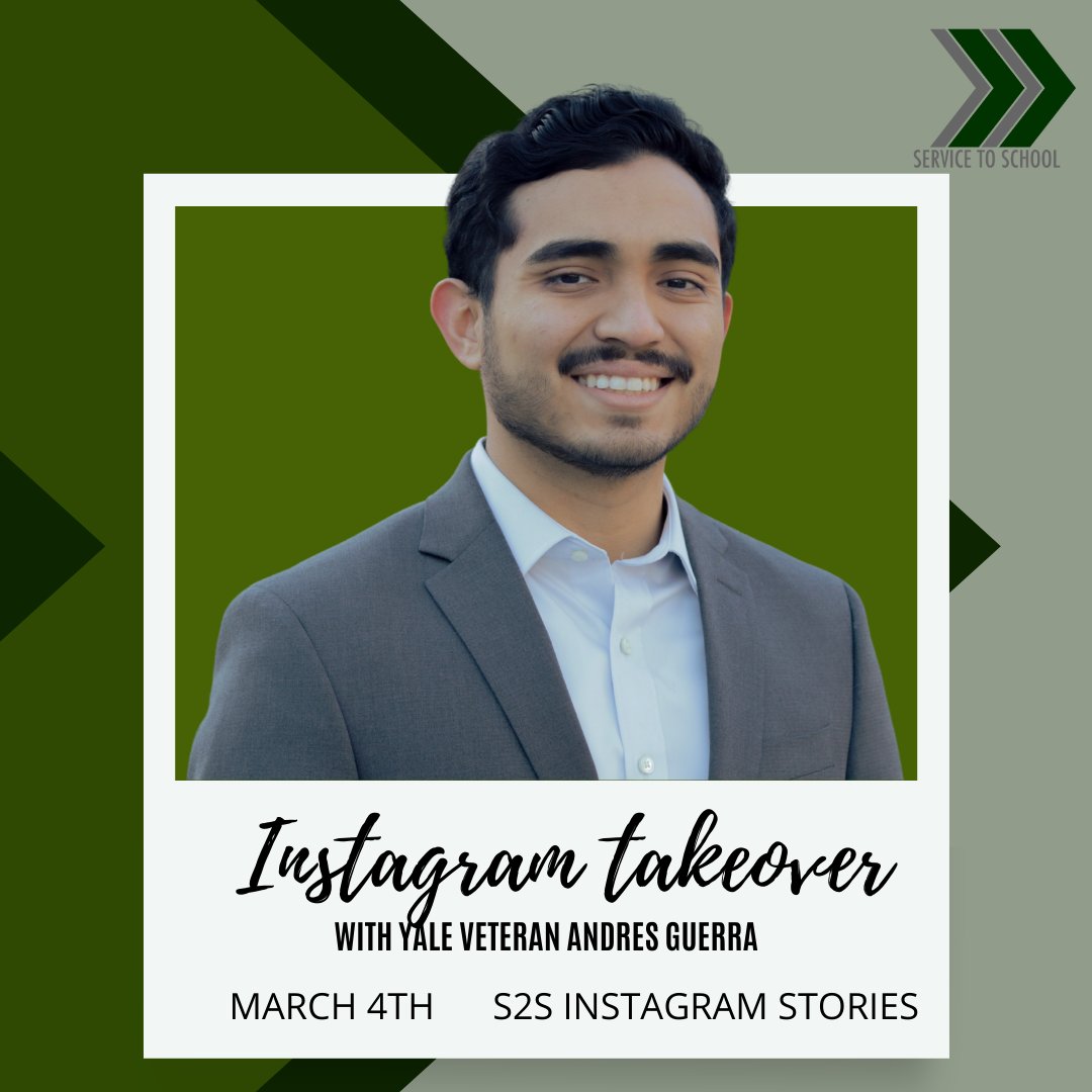 Service2School's tweet photo. Yale Undergrad Veterans Society is taking over the S2S Instagram! Join us Friday March 4th for some life at @Yale sneak peaks and a Q&A with Yale + S2S Veteran Andres Guerra! #AdmissionAccomplished #CollegePartner #IGTakeover https://t.co/8UrNtLUgmn