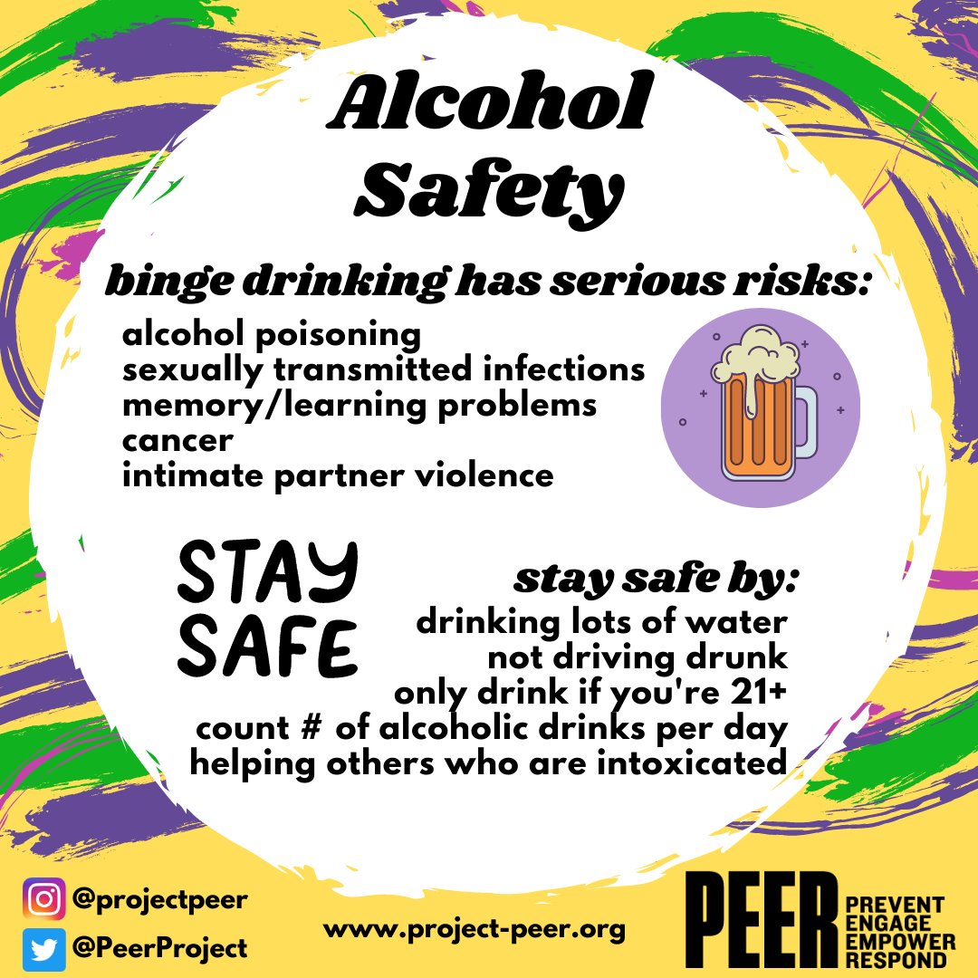 PeerProject's tweet photo. Alcohol misuse is a serious issue for college students &amp; can cause immediate and lasting health issues. Binge drinking = 4 drinks for females or 5 drinks for males. #MardiGras #ProjectPeer #SUBR #AlcoholAwareness https://t.co/oa0VJ9Xsg1