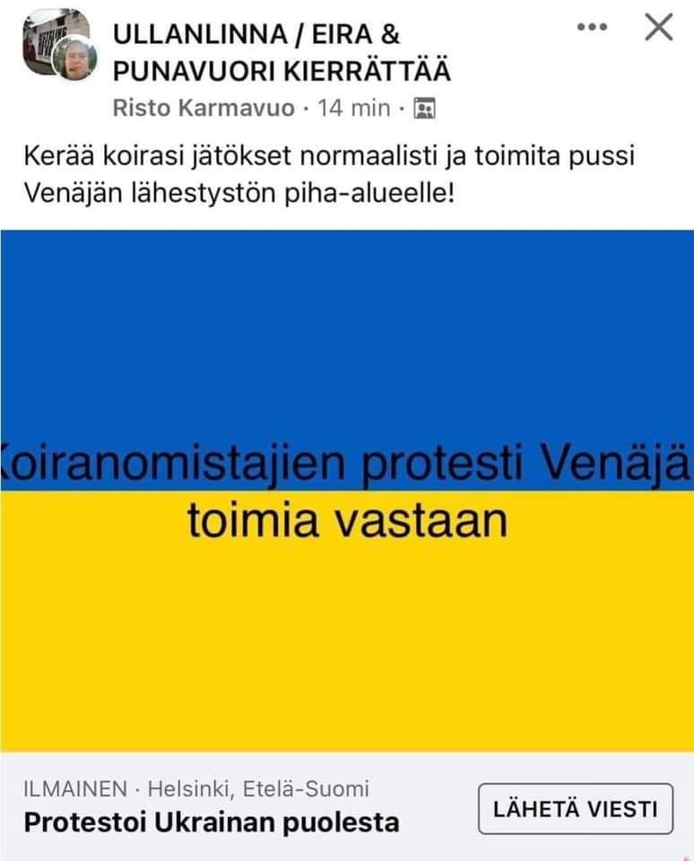 Creative protesting from #Finland: dog-owners are suggested to gather the dog shit after them and leave the litter at the #Russia'n embassy. (This is a local recycling FB-group, close to the embassy.) Useful idea to other countries as well #ukraine #solidaritywithukraine