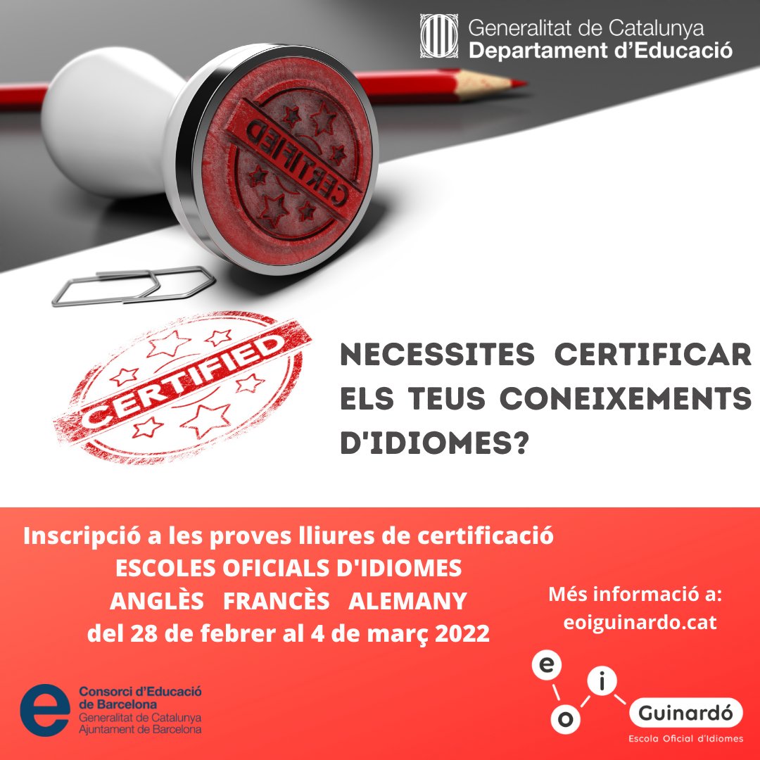 eoiguinardo1's tweet photo. Inscripció a les proves lliures de certificació d'idiomes a les EOI!  #educacio #eoiguinardo #eoicat https://t.co/NJZtDt3YWA