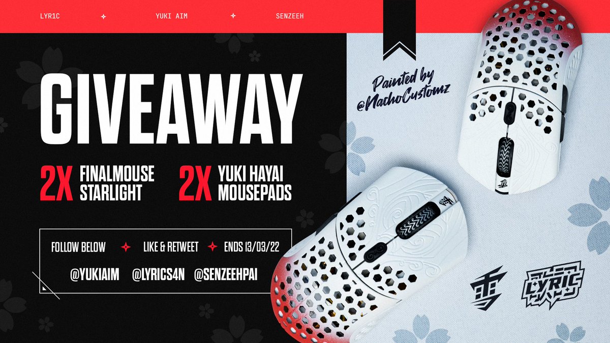 🚨 lyr1c x Yuki Aim Giveaway! 🚨

2x Finalmouse Starlight-12 (Yuki Aim Edition) Small & Medium 

2x Yuki Aim “Hayai” Mousepad

To Enter:
1⃣ Follow @lyrics4n @YukiAim @senzeehpai 
2⃣ Like this tweet
3⃣ Retweet this tweet

🏅TWO Winners!
⏰Ends March 13th!