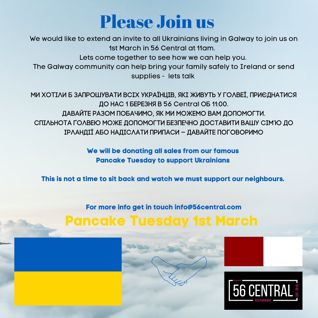 Ukrainians in Galway please let us help you. Join me on Tuesday 1st March 11am in 56 Central. We are here for you let us help however we can #ukrainiansinireland #ukrainiansingalway #ukrainiansinthewestofireland <a href="/GalwayCityCo/">Galway City Council</a>