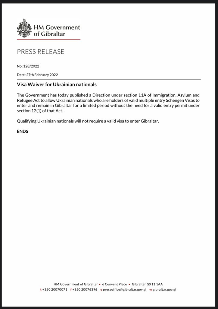 FabianPicardo's tweet photo. Today we are making it easier for Ukranian citizens to enter #Gibraltar. #FreeUkraine https://t.co/Bs8kis93dt