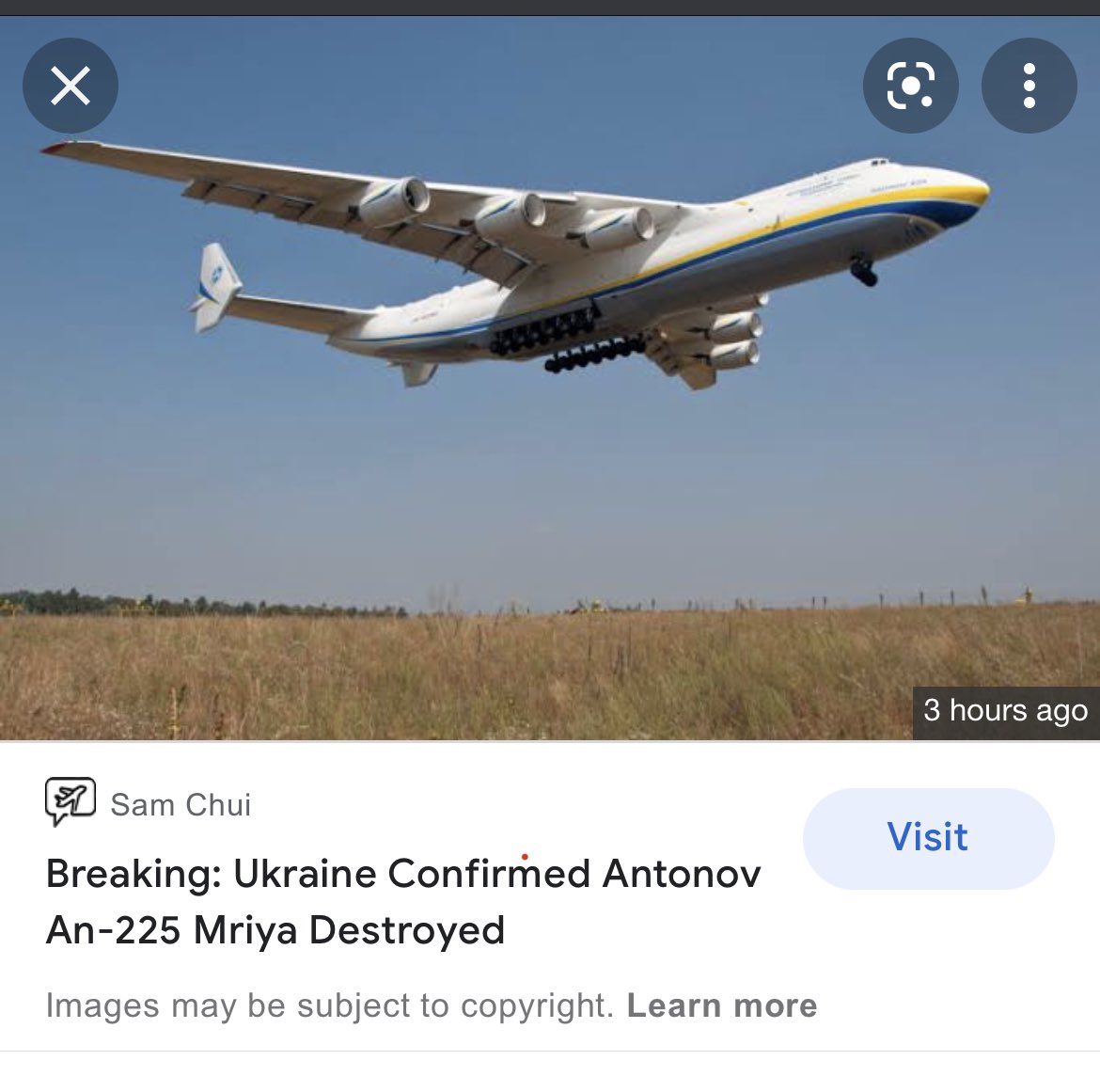 Umer38007's tweet photo. #aviationlovers  #UkraineRussiaWar #aviation #antonov225 It is confirmed that we may not see AN-225 Mriya ever flying again. The one and the only world heaviest and the world largest cargo lifting aircraft is destroyed in the ongoing war. Being aviation lover it broke my heart. https://t.co/LsOGM53gMs