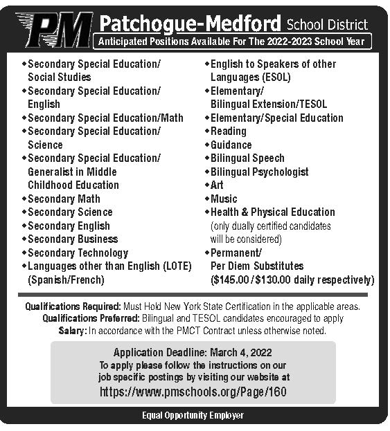 Check out our anticipated vacancies for next school year. Visit our website at pmschools.org/Page/160 to apply.