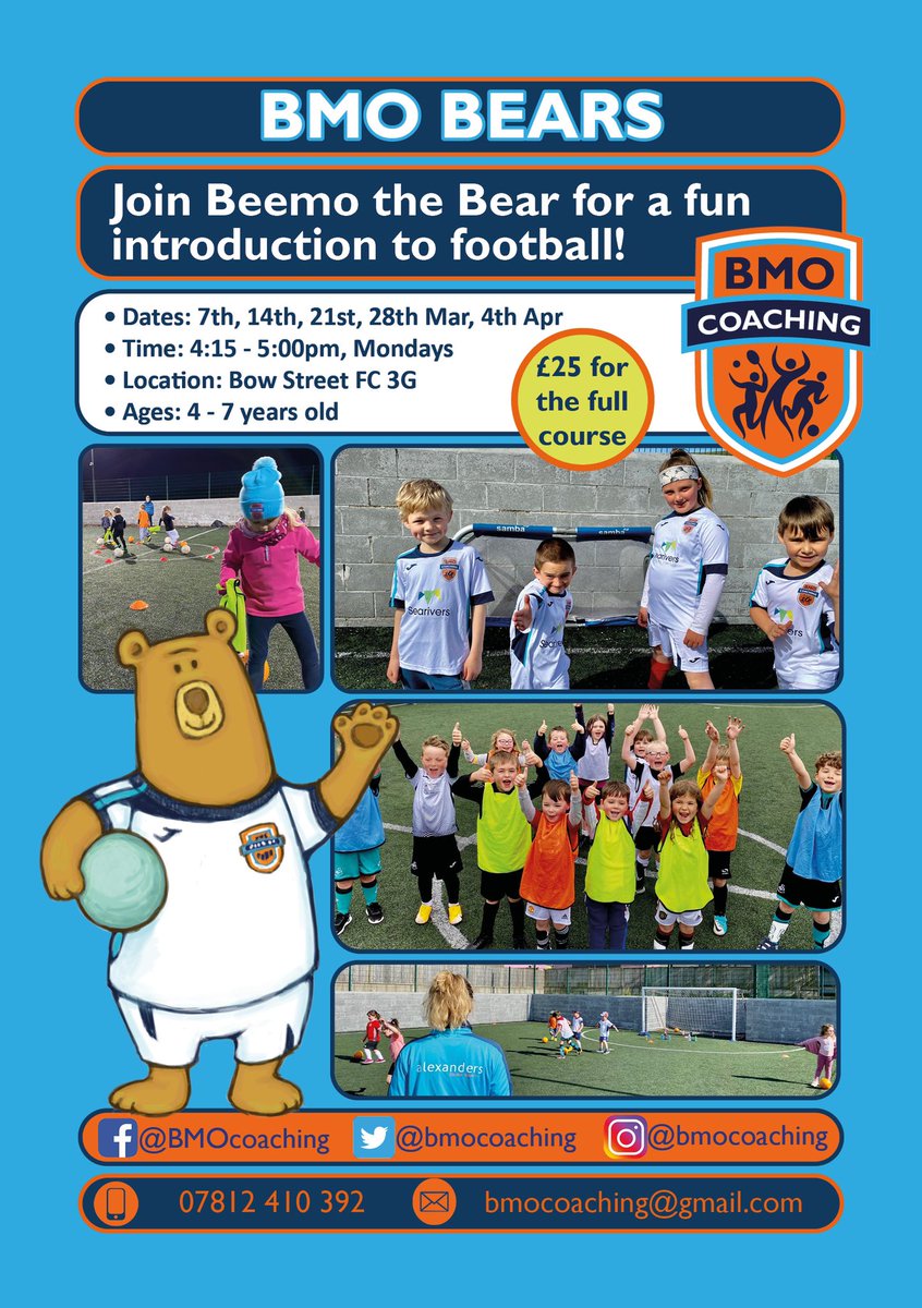 BmoCoaching's tweet photo. BMO BEARS NEW DATES π»β½οΈ
Here are the dates for the upcoming Spring 2 term! Delighted to add a new venue at @AberystwythTown as well as our usual @BowStreetFC sessions!
Pre-booking is essential. Get in touch to book today! Diolch
#bmobears #peldroed #footballfun https://t.co/IqMFGpzvfU