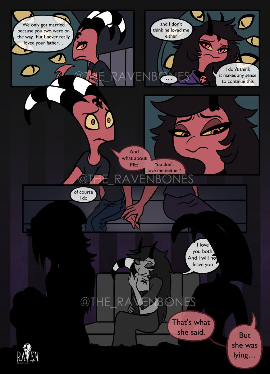 The_RavenBones's tweet photo. Here's a little comic he's been working on lately☺️. Little interaction between Blitz and Oktavia. I think they are very similar. In my headcanon, these two are victims of the same circumstance ... but with Blitz - it didn't end well... 1/? #HelluvaBoss #Blitzo #Octavia #Tilla https://t.co/OZM5XOPB2b