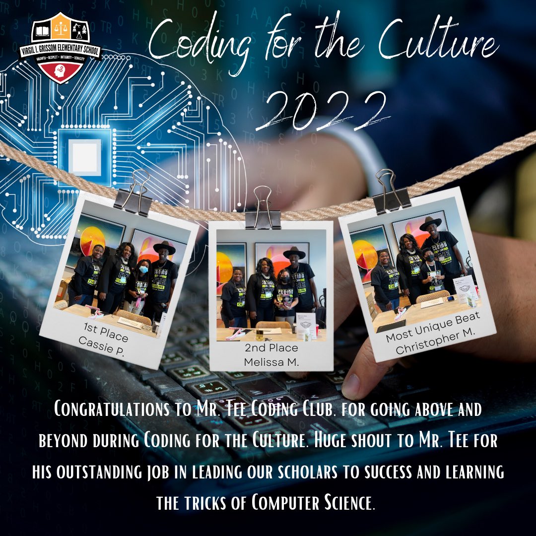 GrissomHISD's tweet image. Congratulations to all of our Scholars that participated in @Code4CultureEDU meeting 
🏆 1st Place: Cassie P.
🏆 2nd Place: Melissa M.
🏆 Most Unique Beat: Chris M.