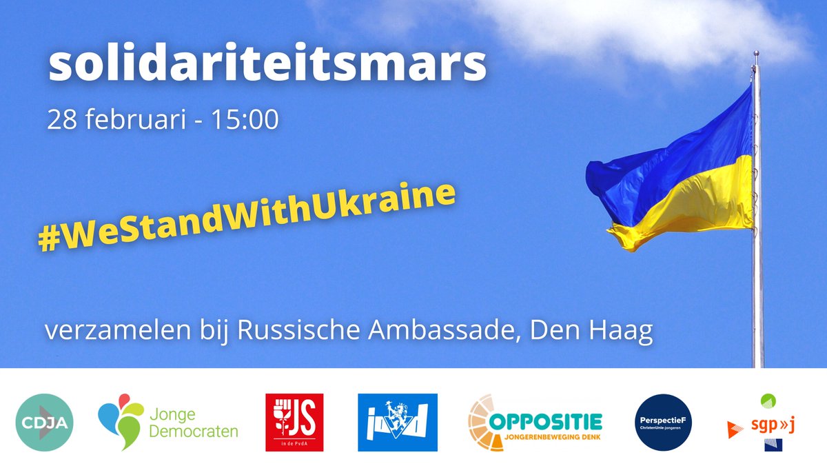 Morgen lopen we samen met @cdja <a href="/JongeDemocraten/">Jonge Democraten</a> <a href="/jspvda/">Jonge Socialisten</a> @JbOppositie <a href="/PerspectieF/">PerspectieF</a> en <a href="/SGPJ/">SGP-jongeren</a> een solidariteitsmars voor Oekraïne langs de Russische en Oekraïense ambassades! Wees erbij!