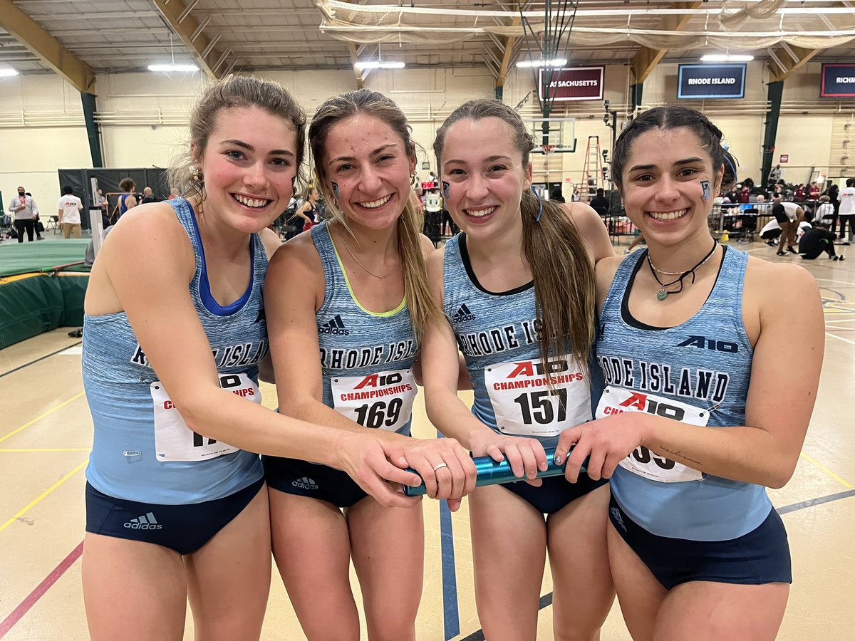 The #A10ITF 4x800 team of <a href="/madeline_till2/">Madeline Till</a>, Hanna O’Connor, <a href="/sabrinacharron/">sabrina</a> &amp; @becca_durham5 is 3rd in our SB time of 9:07.87 which is also the teams 2nd best time ever in the indoor champs meet! #GoRhody