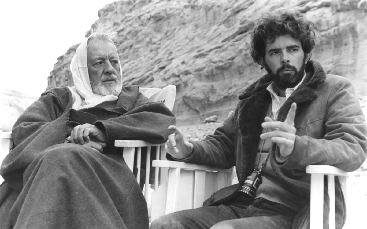 TheOldHollywood's tweet photo. Alec Guinness and George Lucas between takes on the set of Star Wars (1977) https://t.co/KbxhGNxI32