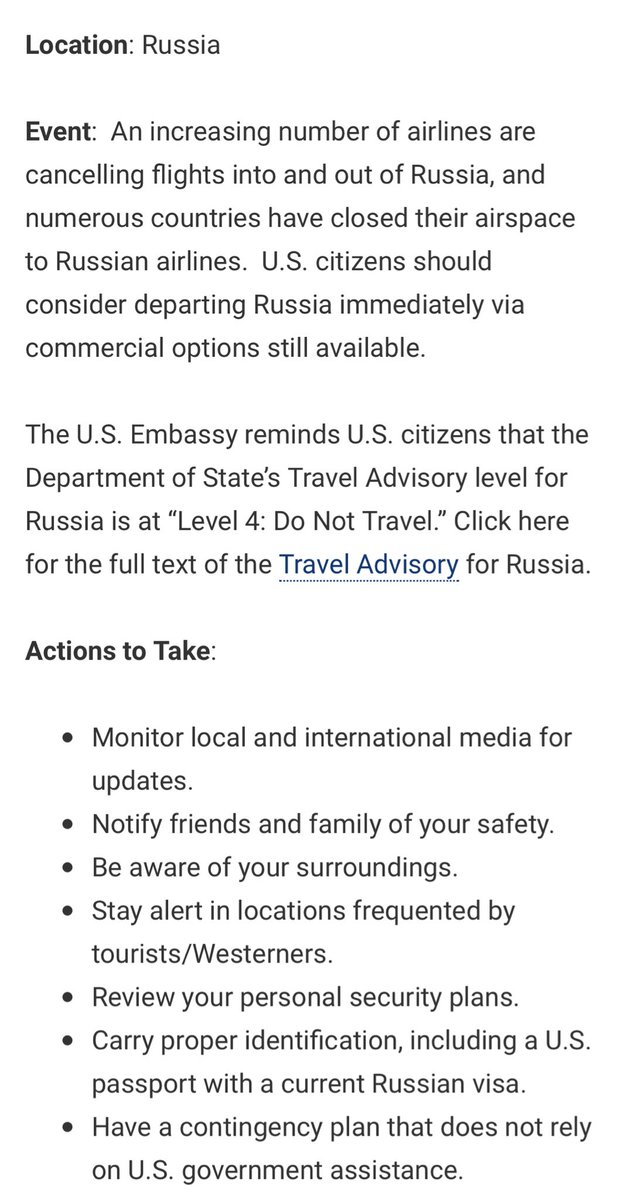 MarkDayNews's tweet photo. U.S. embassy in Moscow tells citizens they should consider departing Russia immediately via commercial options still available. #Ukraine https://t.co/7xo1Co9TgE