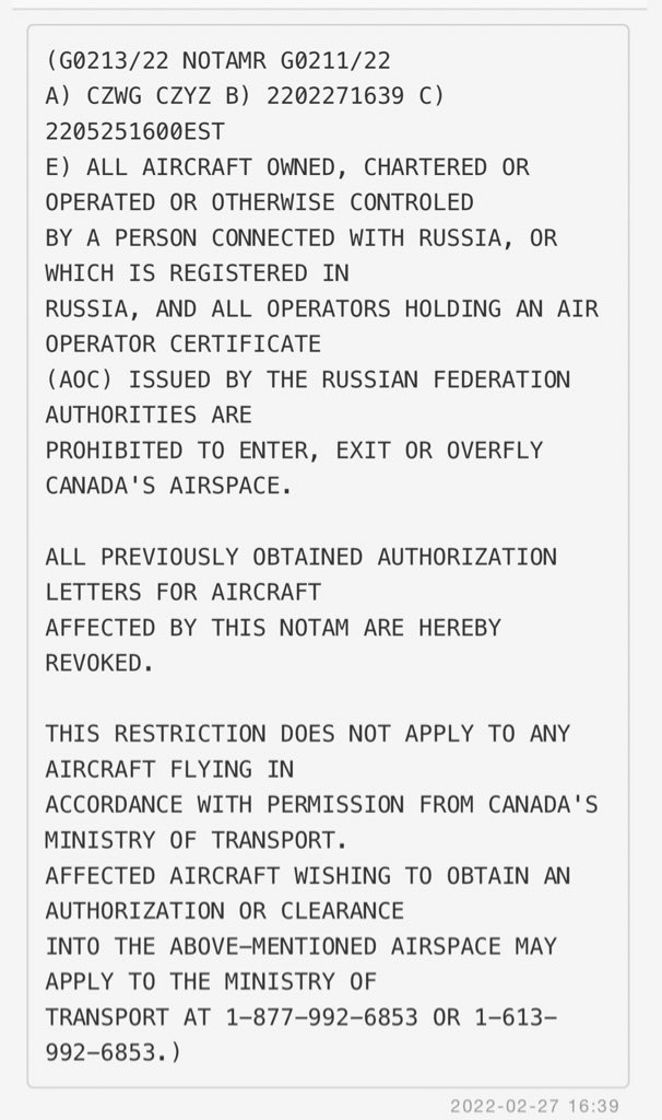 NOTAM regarding Canadian airspace closure for Russian aircraft.