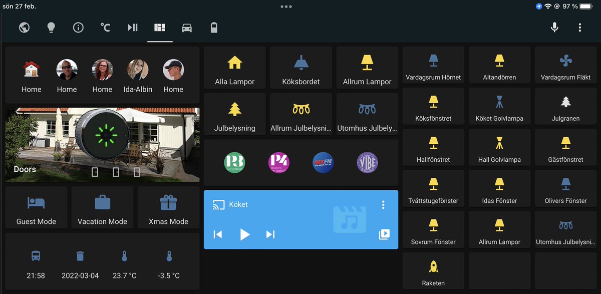 niclasingestrom's tweet photo. @ZackBarettHA I have different dashboard for differebt screens, this is the most used. Left: who is were, house mode, doors, different modes, trashday, etc - Middle : lightgroups, radio, most used Sonos speaker - Right: most used lights. I have a lot of automations behind this as well. https://t.co/0cV7bLC9rs