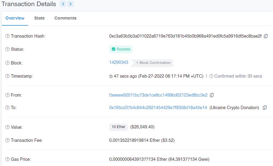 NounPunks's tweet photo. 🇺🇦 By minting #NounPunks4Peace, in less than 24H our community has raised >10 ETH to help the ppl of #Ukraine!

Still lots left to mint, but in good faith we have just sent our FIRST DONATION of 10E to the verified ETH addy provided by @Ukraine! 

TY all, let’s keep it going! 🇺🇦 https://t.co/gzEBDdxTxT