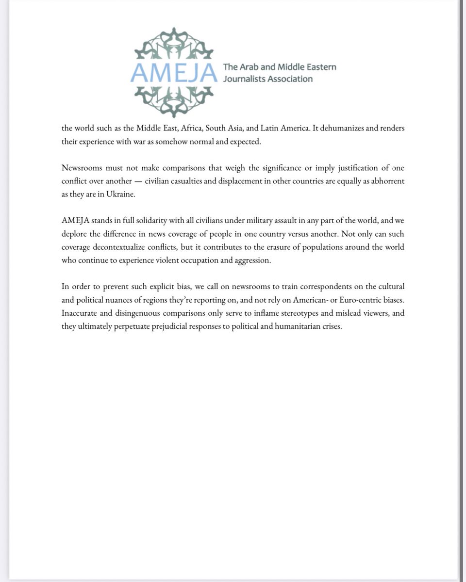 DianneG's tweet photo. Important @AMEJA statement calling
“all news organizations to be mindful of implicit and explicit bias in their coverage of war in Ukraine.” 
It lists real examples from the past few days of “racist news coverage that ascribes more importance to some victims of war over others” https://t.co/XoQIg4dVRx
