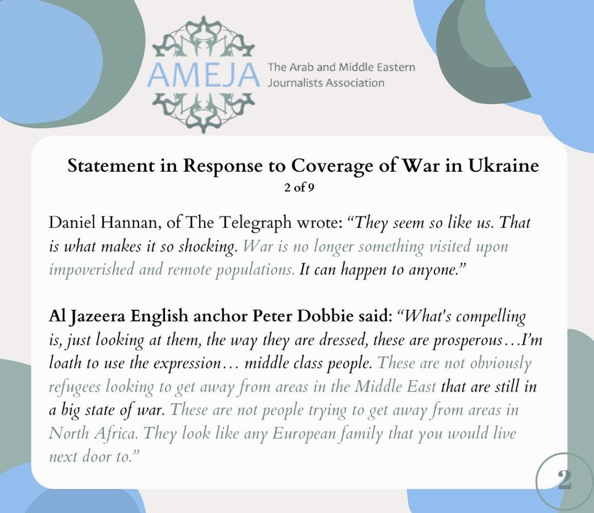 Lau_Bast's tweet image. The Arab and Middle Eastern Journalists Association just issued a statement regarding the racist coverage of Ukraine that saw dehumanizing, superior, and insulting comparisons to the Middle East. @AMEJA See here + 🧵 static1.squarespace.com/static/56f442f…