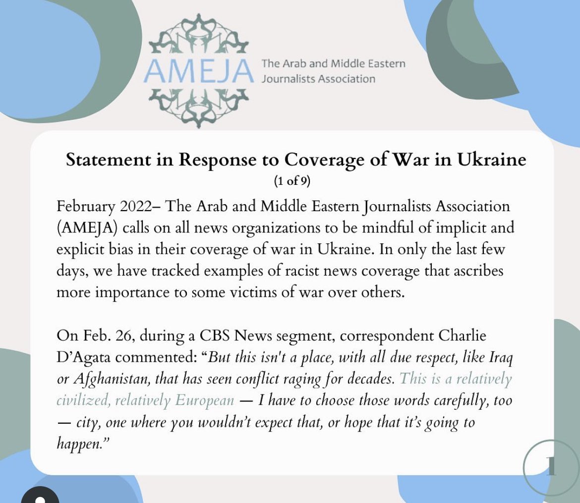 Lau_Bast's tweet image. The Arab and Middle Eastern Journalists Association just issued a statement regarding the racist coverage of Ukraine that saw dehumanizing, superior, and insulting comparisons to the Middle East. @AMEJA See here + 🧵 static1.squarespace.com/static/56f442f…
