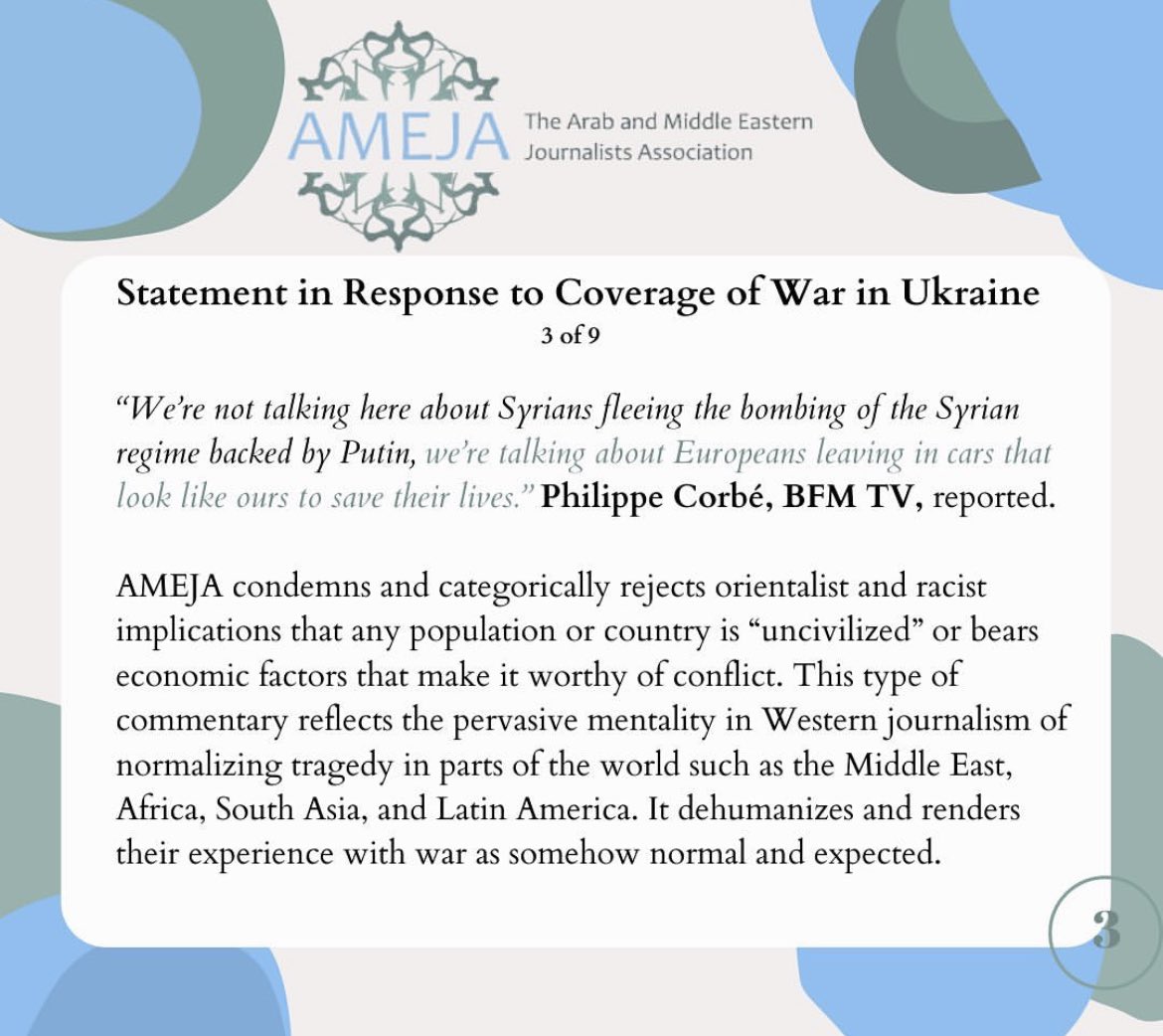 Lau_Bast's tweet image. The Arab and Middle Eastern Journalists Association just issued a statement regarding the racist coverage of Ukraine that saw dehumanizing, superior, and insulting comparisons to the Middle East. @AMEJA See here + 🧵 static1.squarespace.com/static/56f442f…