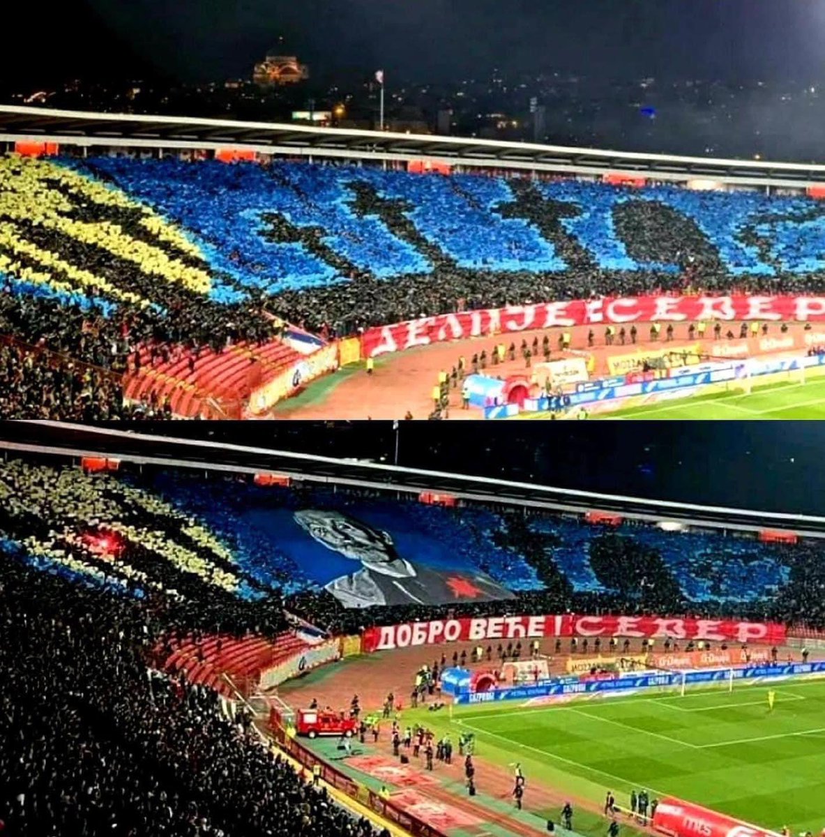 time4thetruth_'s tweet photo. Belgrade, Serbia (Fc Red Star Belgrade)

In Belgrade, 60,000 spectators sing songs in honor of Putin and Russia.

The country and the flag of #Ukraine are mocked as a cemetery full of graves and crosses.

Serbia is a EU member candidate... https://t.co/5oWQmCyJAs