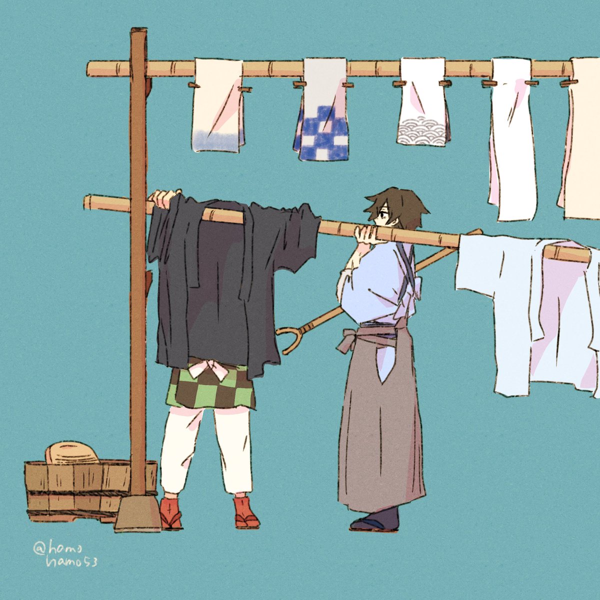 kamado tanjirou male focus japanese clothes laundry 2boys multiple boys pants twitter username  illustration images