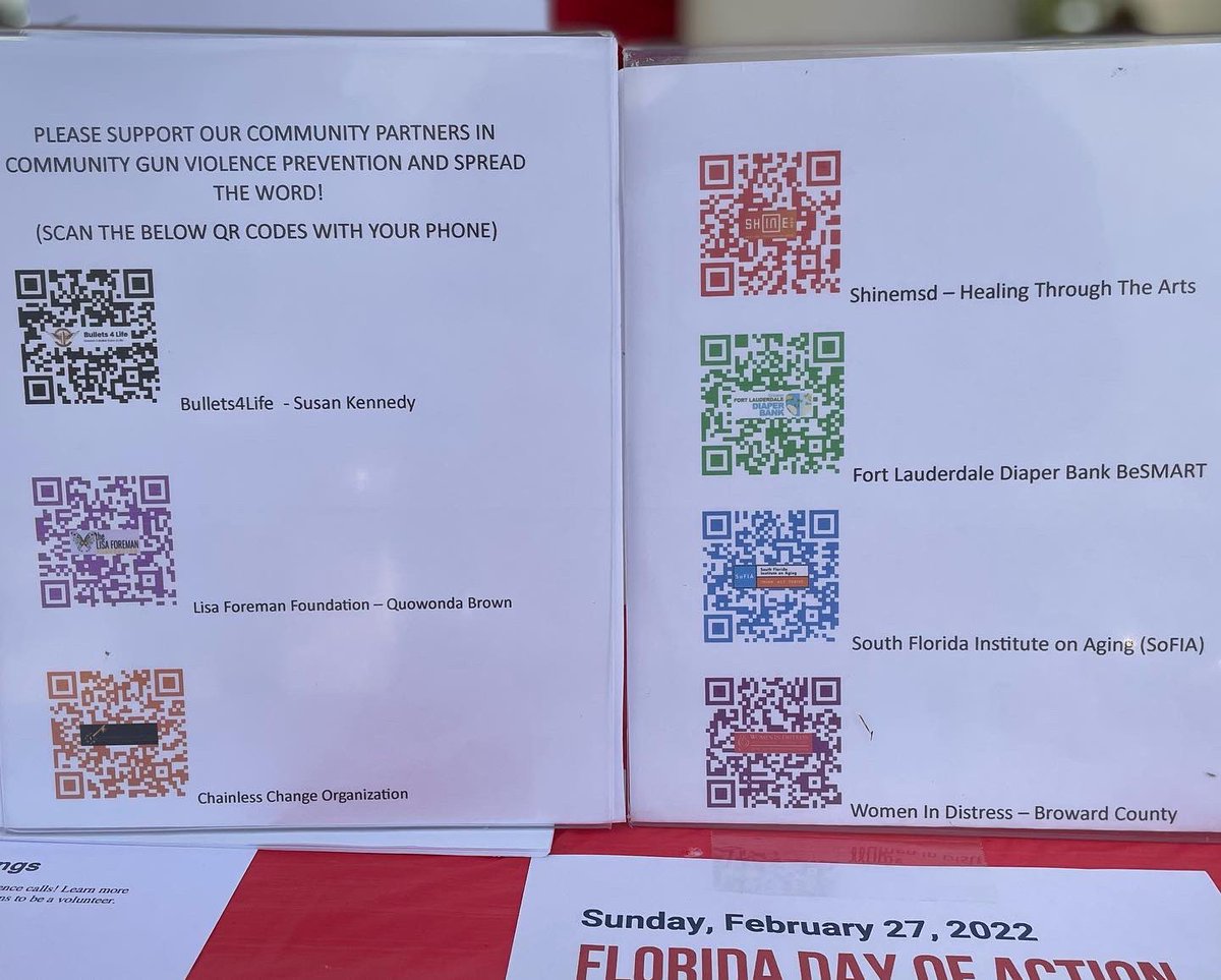 nancyfryfl's tweet photo. …to tell us about their work (see the picture with the QR codes to learn more). #floridadayofaction #MomsAreEverywhere #endshootfirst #FlaPol (2 of 2) https://t.co/5MH2m0iiK5